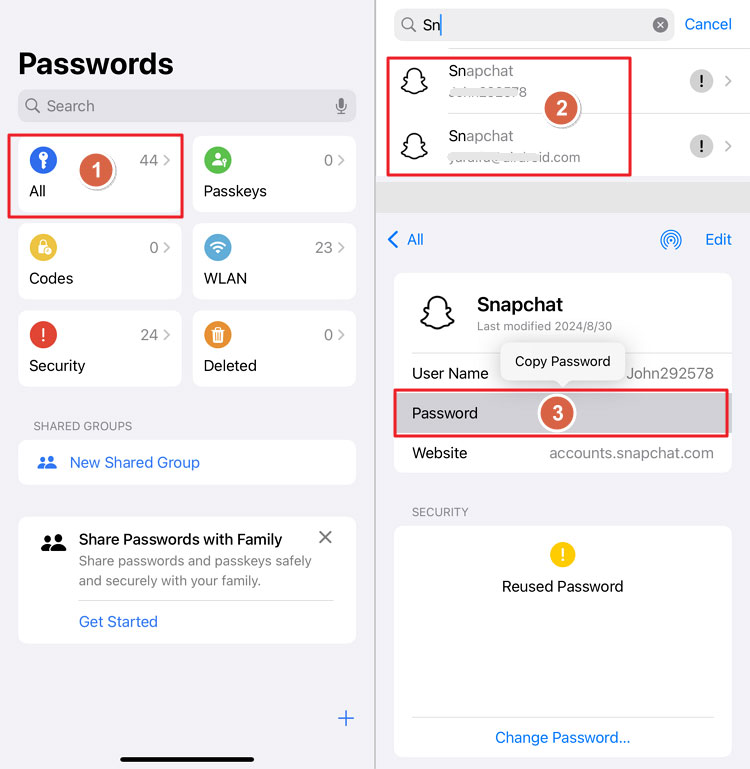 check saved Snapchat password on iPhone