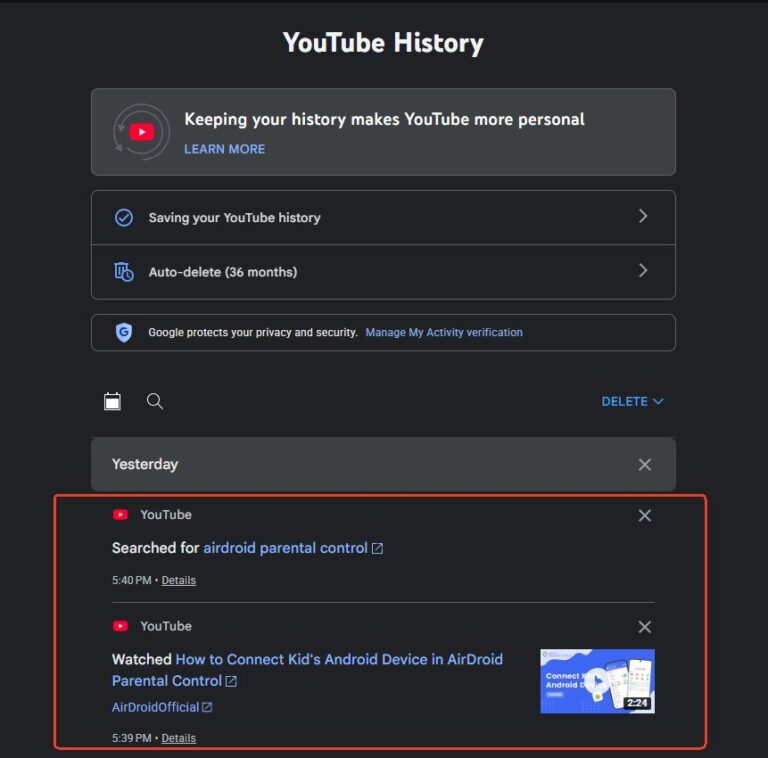 check supervised kid youtube history