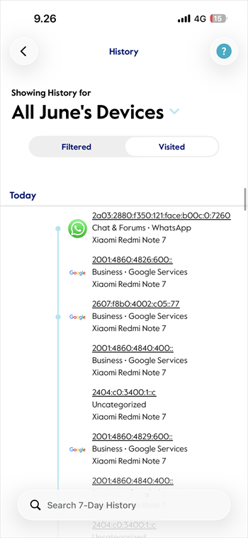 Circle History screen showing WhatsApp and Google service activity from the Xiaomi Redmi Note 7
