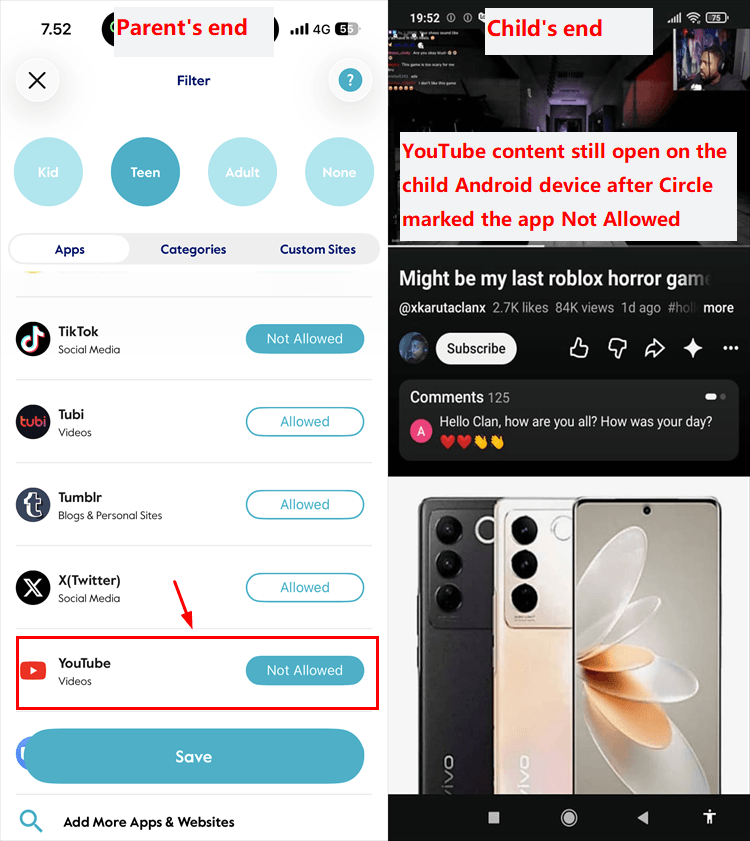 Circle Filter showing TikTok and YouTube marked Not Allowed while YouTube remains accessible on the child's Android device