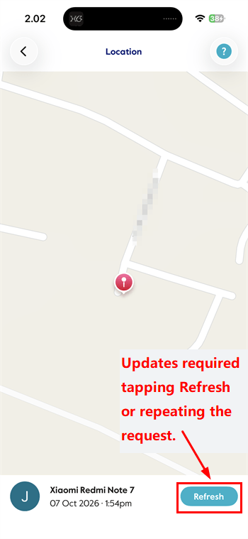 Circle Location screen showing the Xiaomi Redmi Note 7 position and manual Refresh button