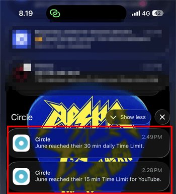 Circle notifications showing the 15-minute YouTube limit and 30-minute daily limit were reached