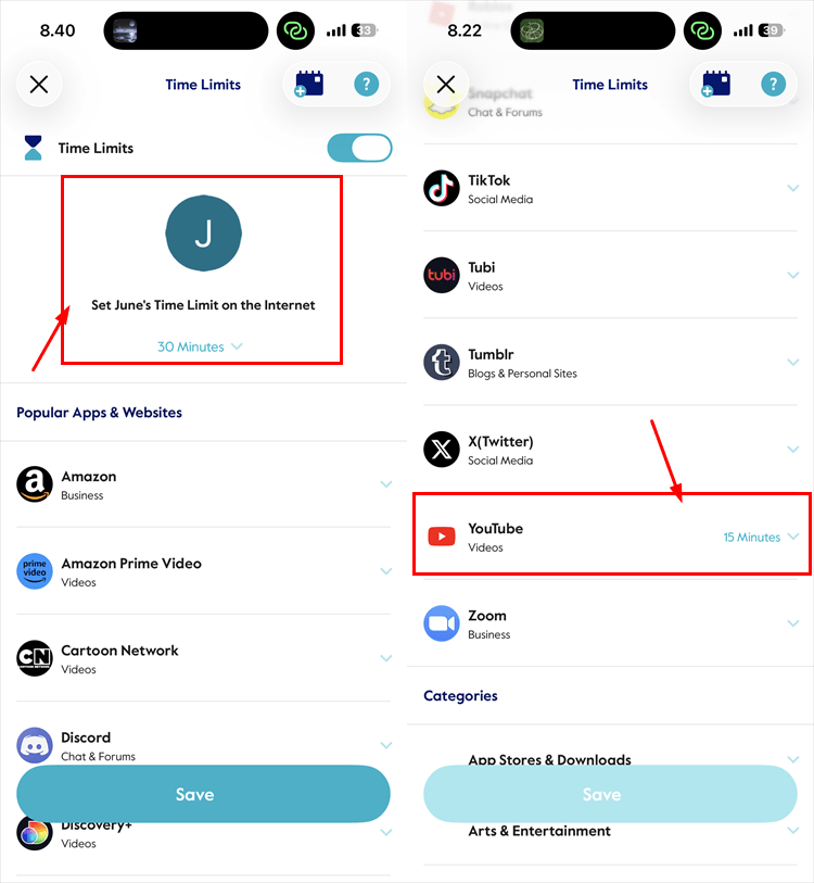 Circle Time Limits screen with a 30-minute daily internet allowance and app-specific Time Limits list showing a 15-minute YouTube allowance