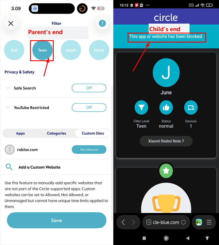 Screenshot of Circle's Teen filter with SafeSearch enabled blocking access to a restricted test website on a child's Android device