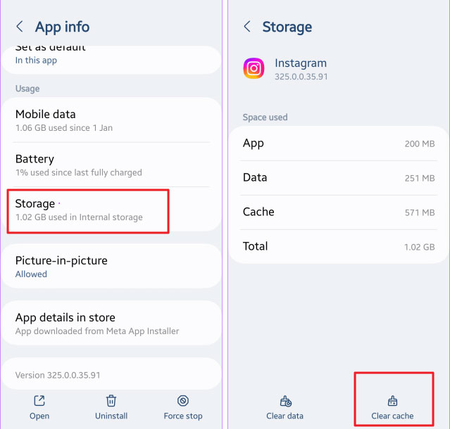 clear Instagram cache via App Settings