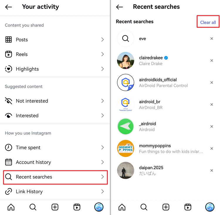 clear Instagram search history