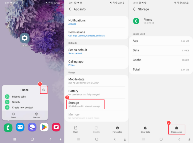 clear Phone app cache on Android