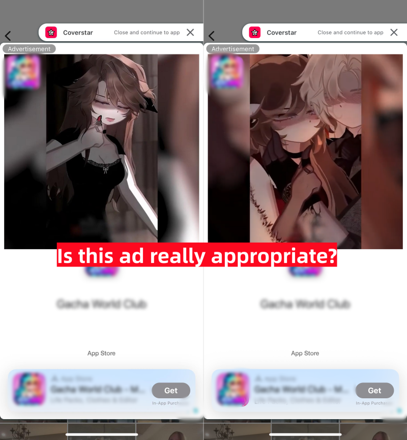 Coverstar inappropriate ads