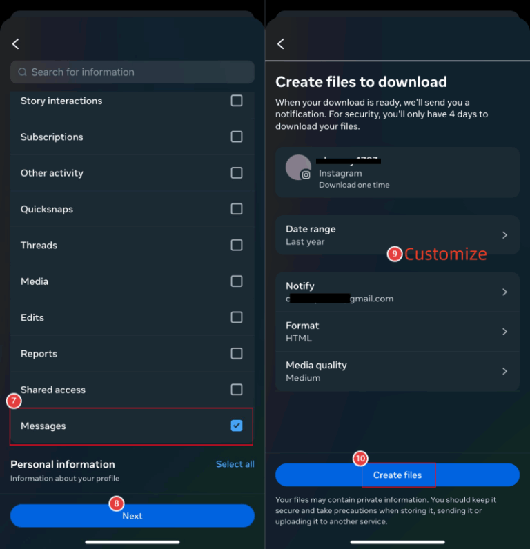 customize Instagram data to download