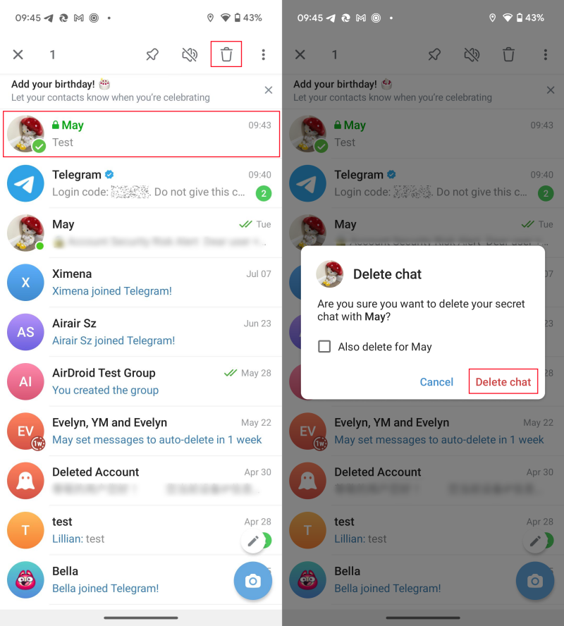 delete Telegram secret chat on Android