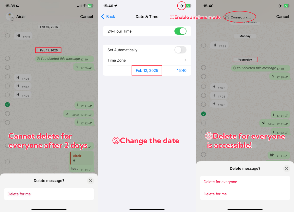 delete whatsapp messages for everyone after 2 days