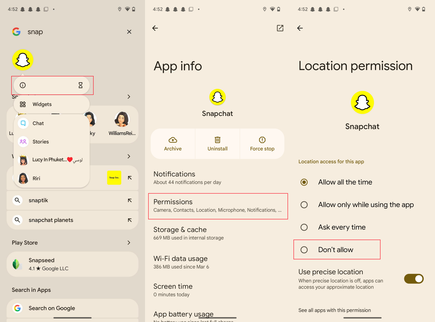 deny Snapchat location access on Android