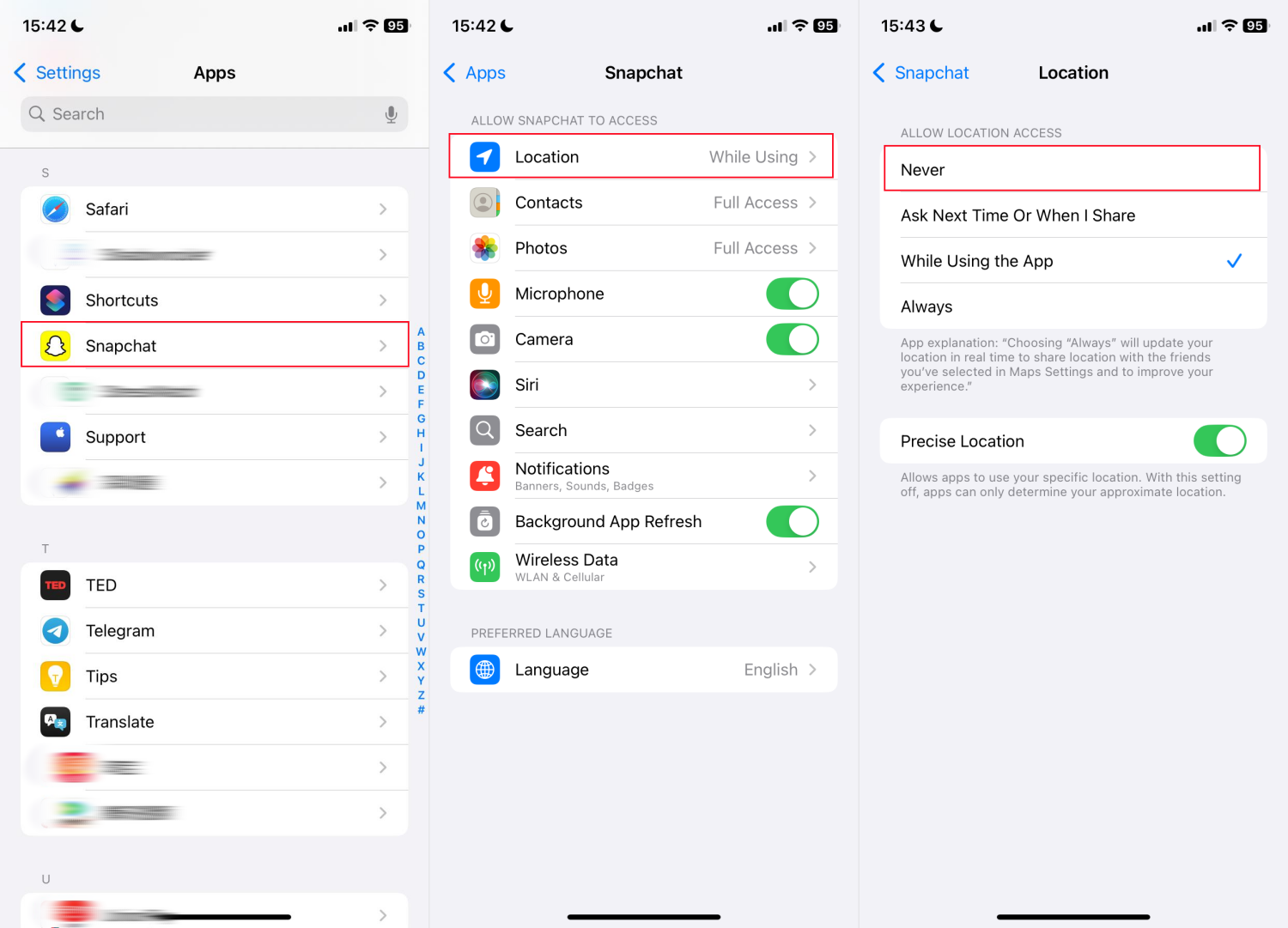 deny Snapchat location access on iPhone
