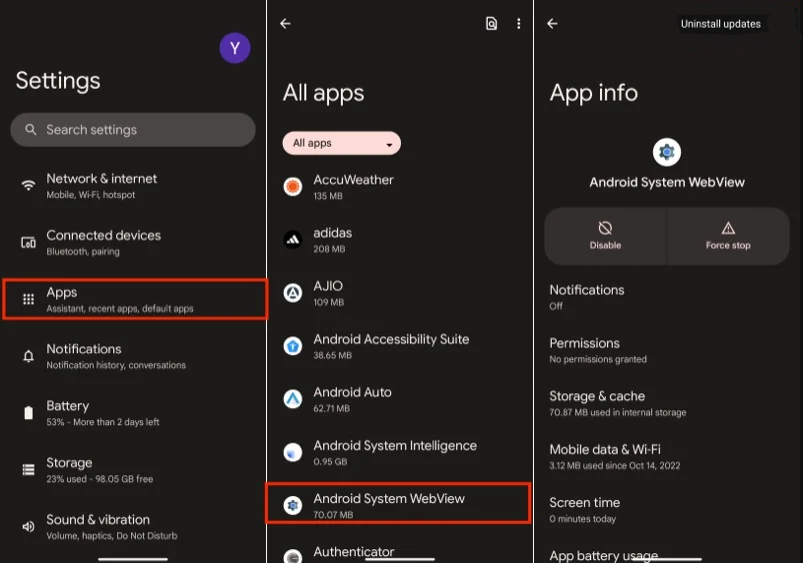 disable Android System WebView