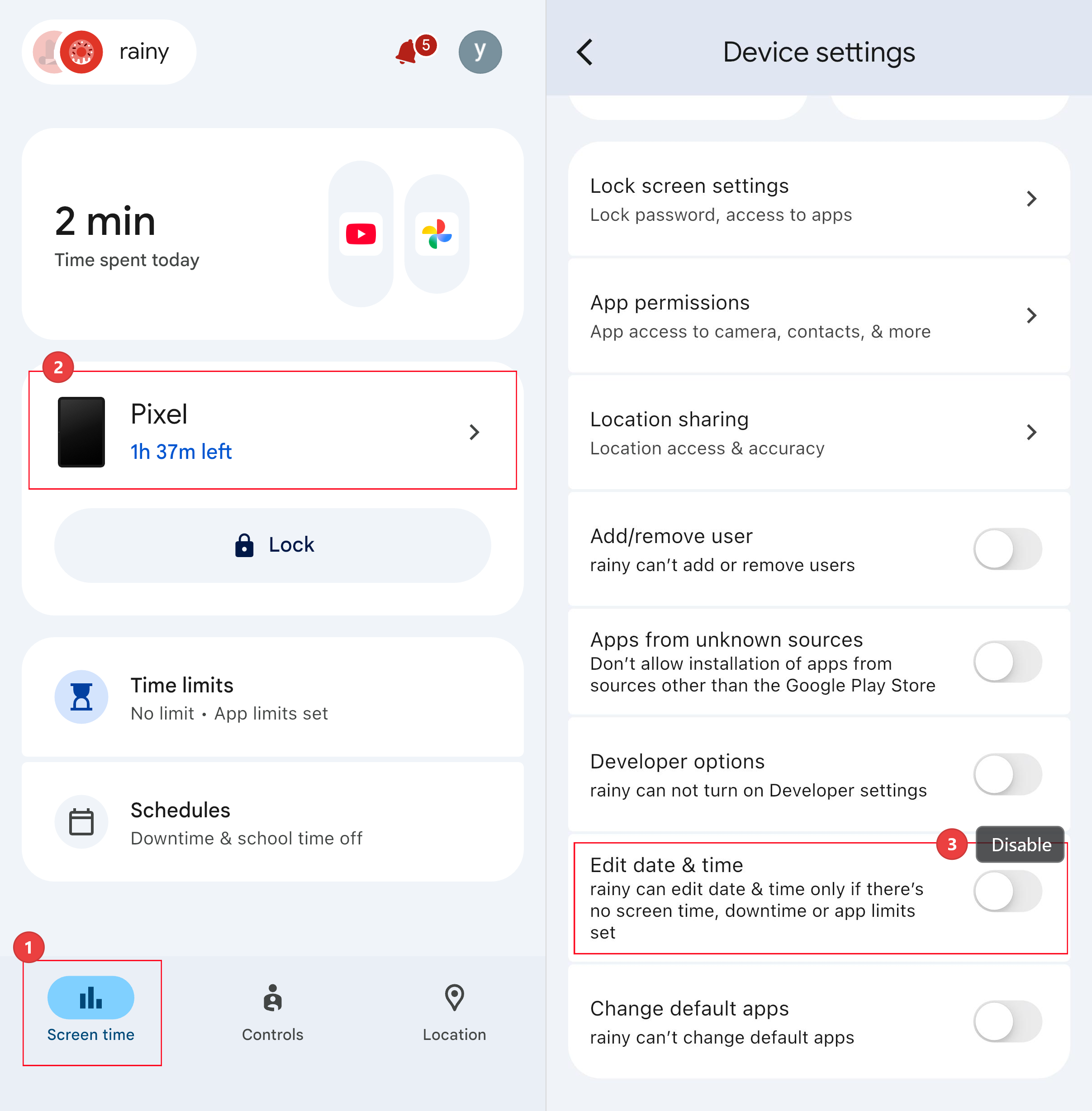 disable date and time chages on Family Link