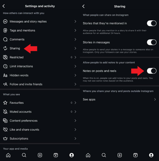 disable instagram notes