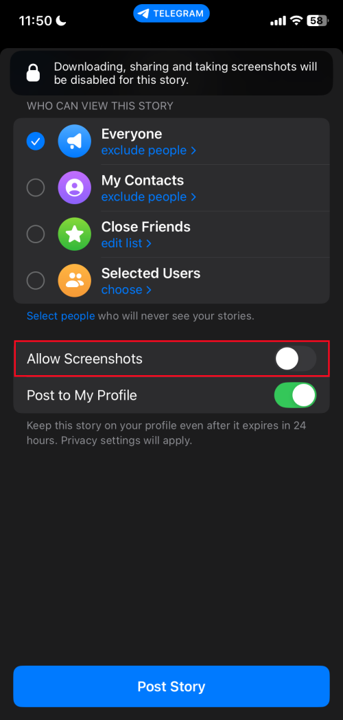 disable screenshots for Telegram story