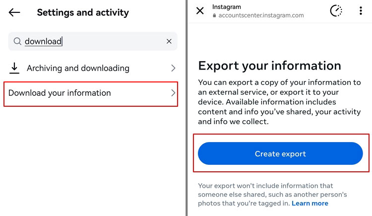 select "Download your information" and create export