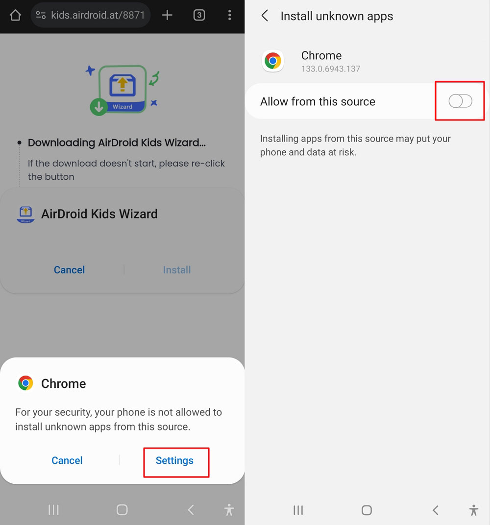 enable "Allow from this source" for AirDroid Kids Wizard