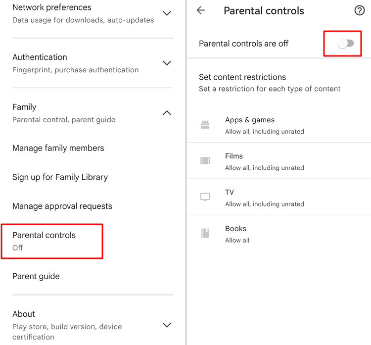 enable Google Play parental controls