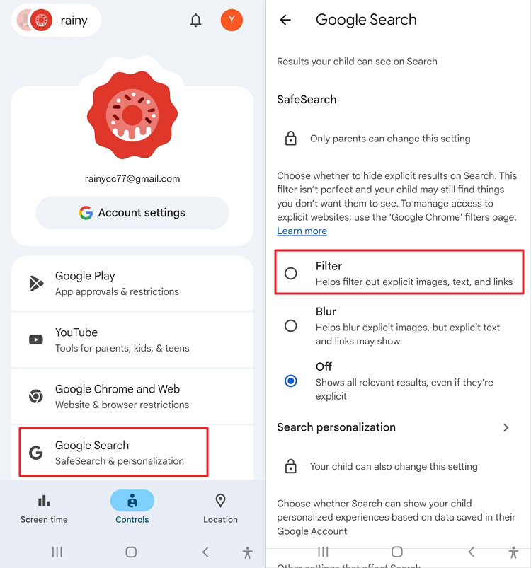 enable Google SafeSearch from Family Link