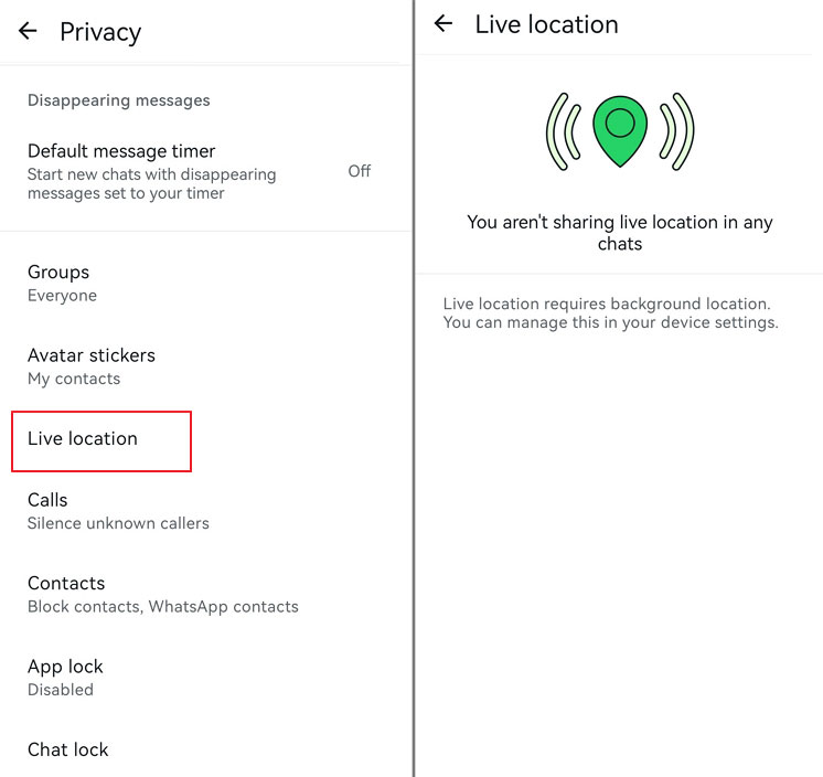 ensure that you're not sharing live location with any chats WhatsApp