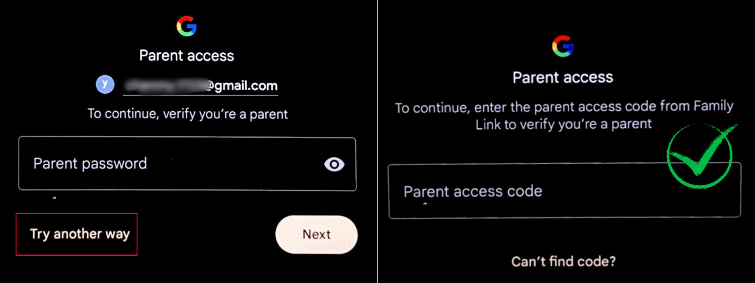 enter parent access code correctly