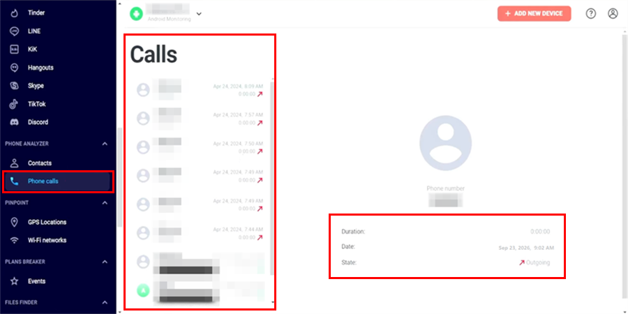 Eyezy interface showing contacts and call logs