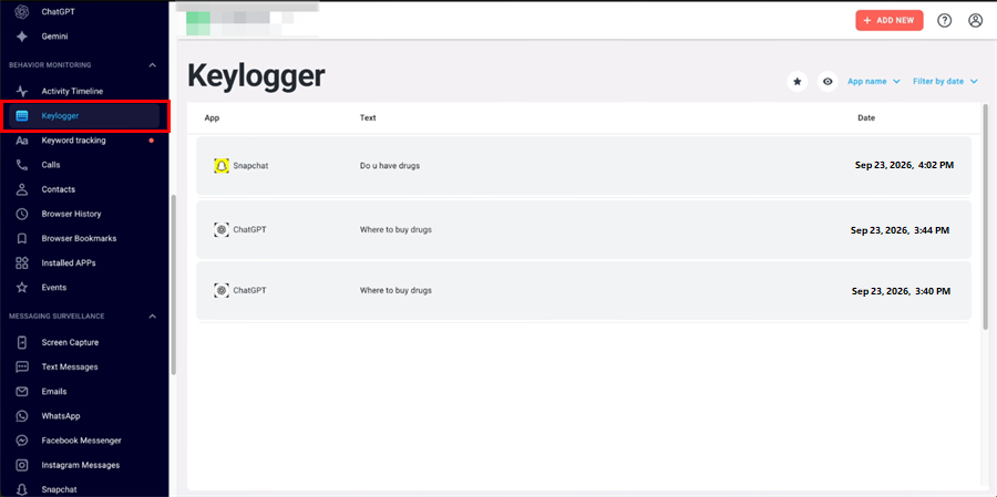 Eyezy Keystroke Capture interface for supported typed input