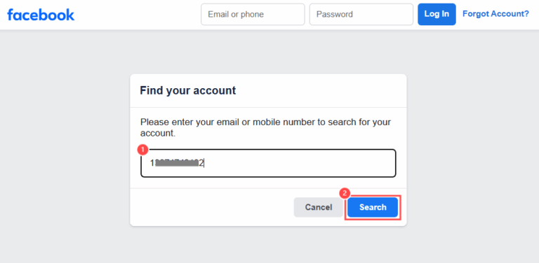 search phone number on Facebook account recovery