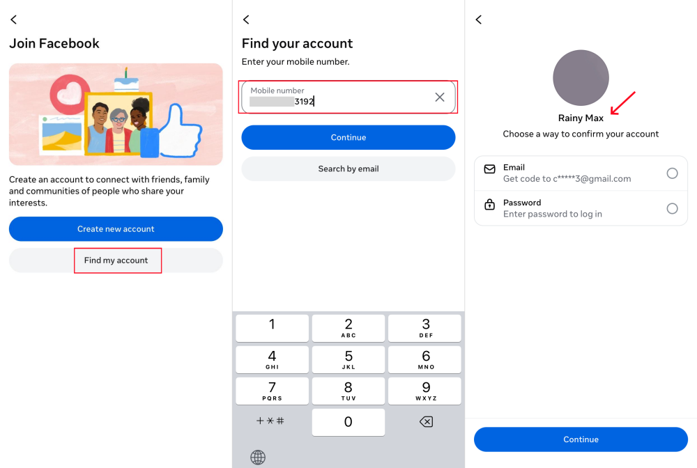 Facebook find my account
