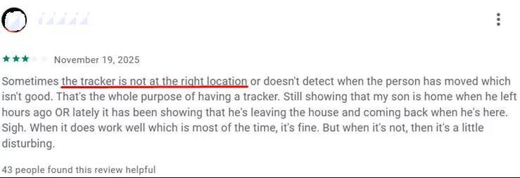 User reviews mentioning inaccurate location on Family360