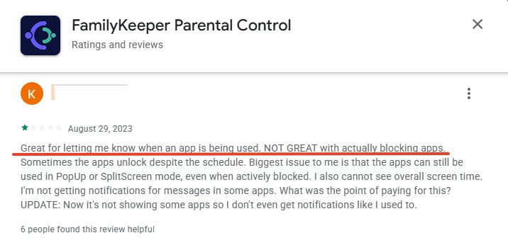 familykeeper user review about app blocking feature