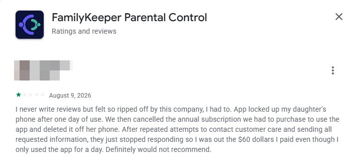 familykeeper user review about refund supports