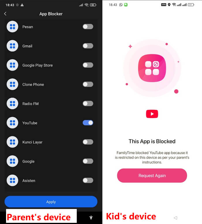 FamilyTime app blocking test screenshot - YouTube successfully blocked