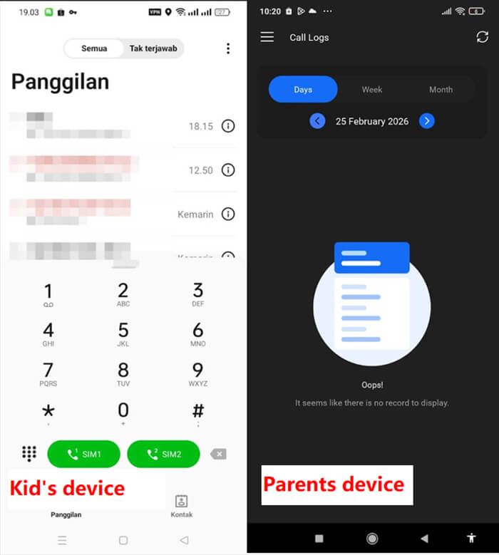FamilyTime call monitoring test screenshot - no call logs