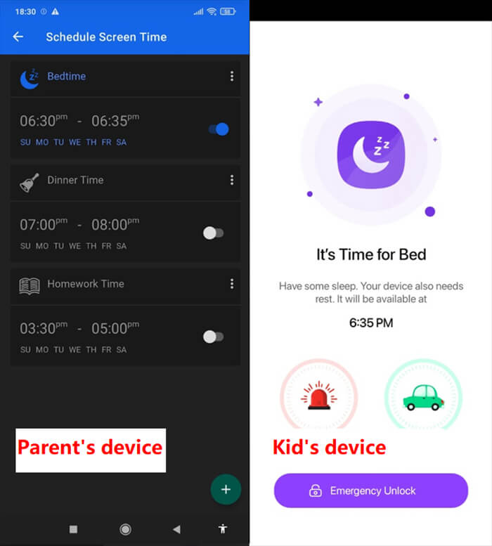 FamilyTime Screen Timer Test Screenshot - Triggering Bedtime Reminder on Time