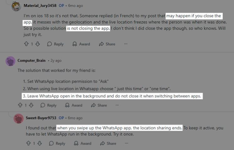 Reddit user share how to fix WhatsApp location issue
