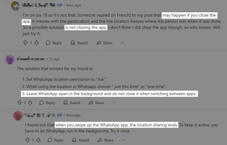 Reddit user share how to fix WhatsApp location issue