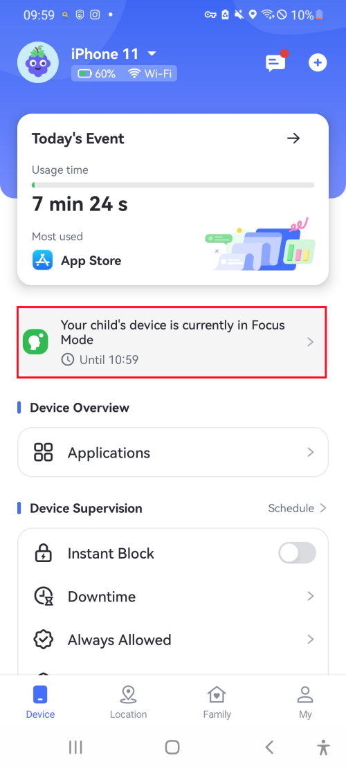 Focus status icon in AirDroid Parental Control