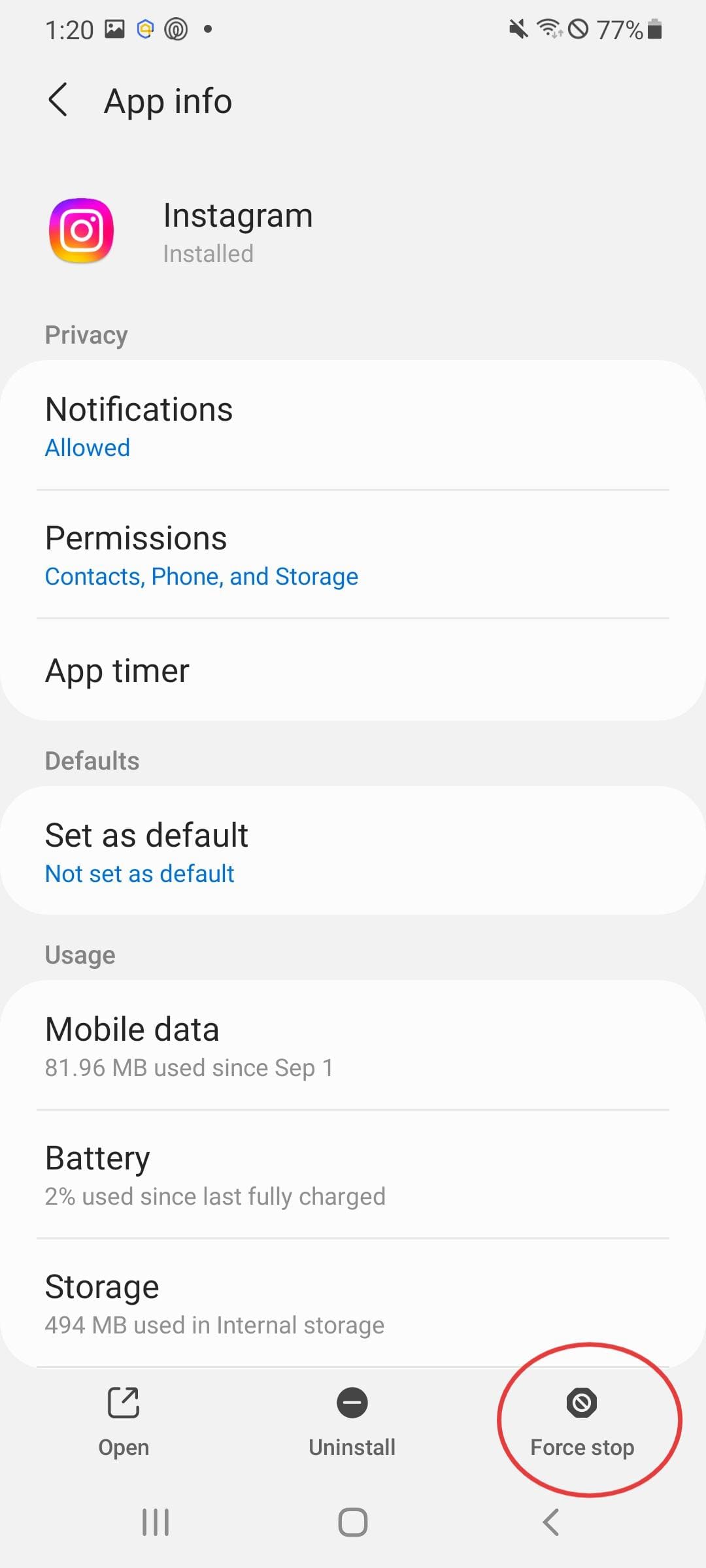 Force Stop Ins on Android