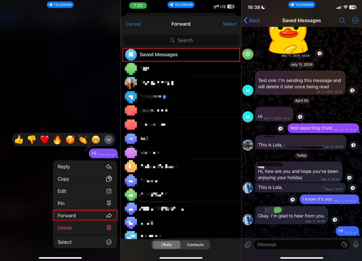 forward telegram message to saved messages