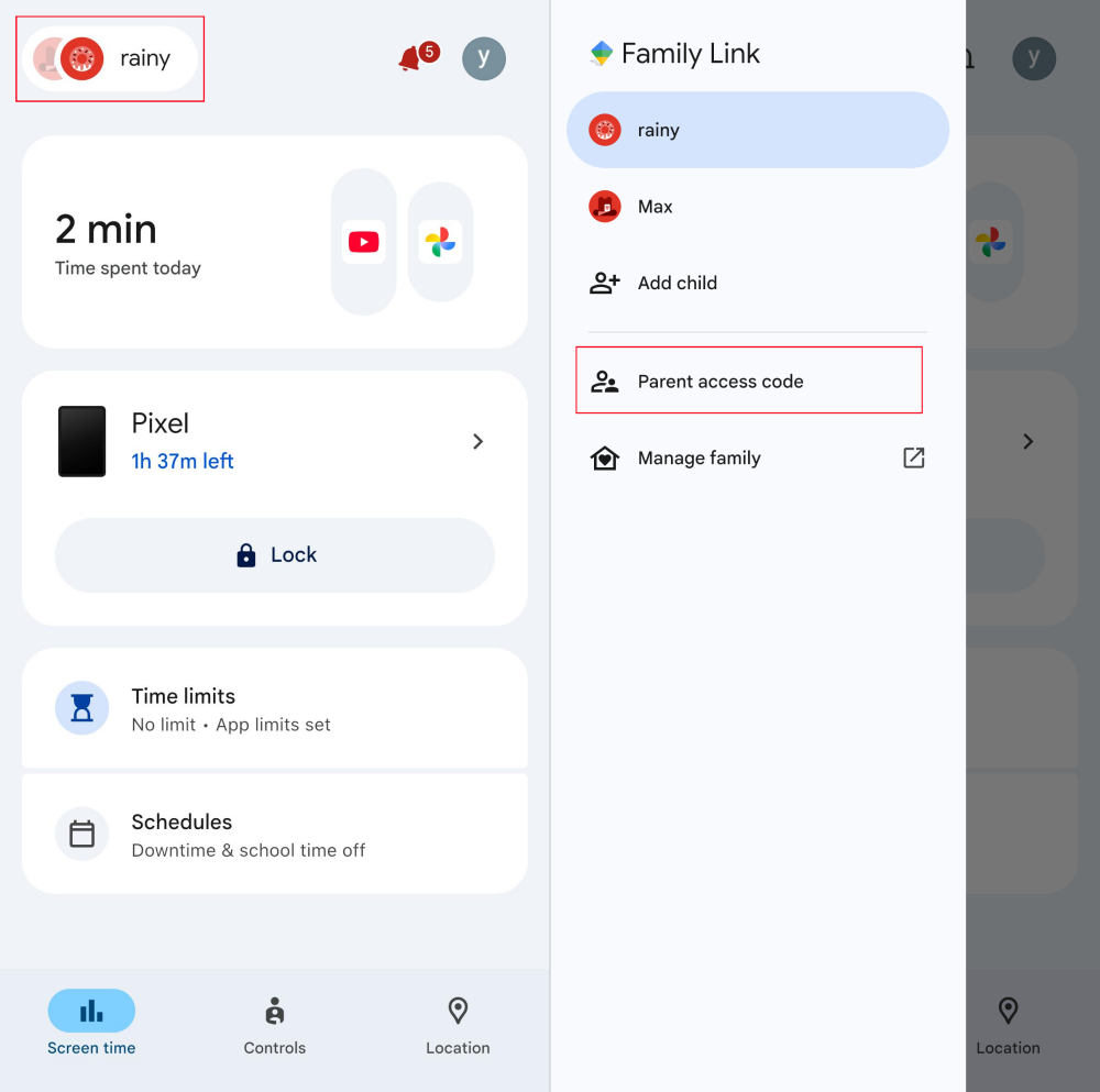 parent access code on Family Link