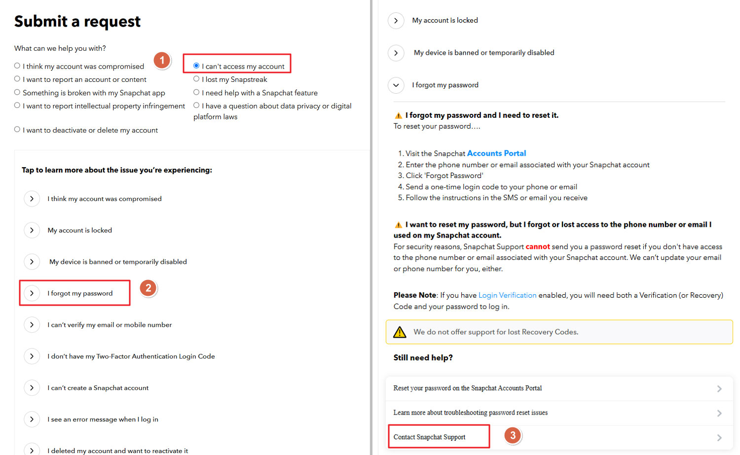 get to Contact Snpachat Account Page