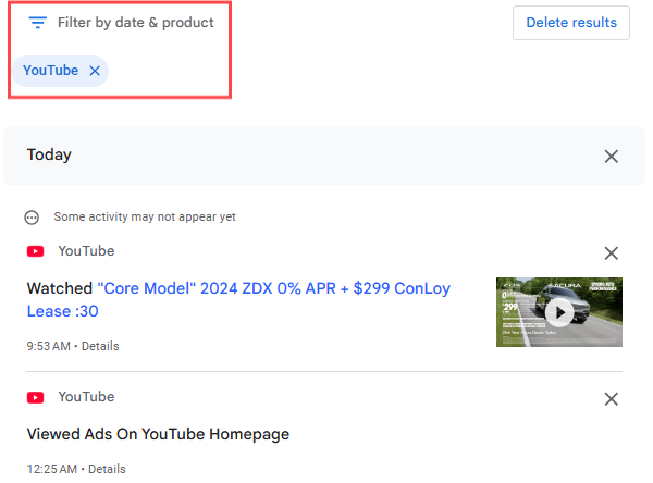 Google Activity to find deleted YouTube viewing history
