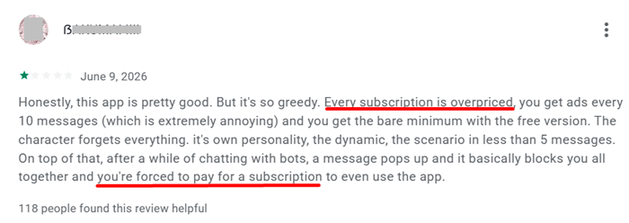 Google play comment about Chai AI price