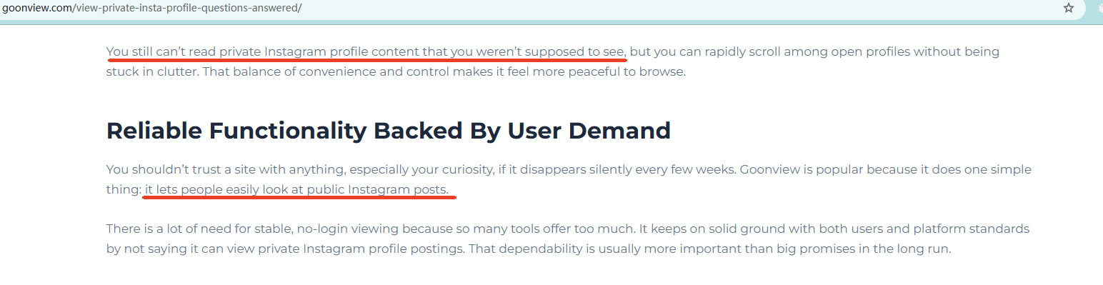 Goonview said it cannot see Instgram private account profile content