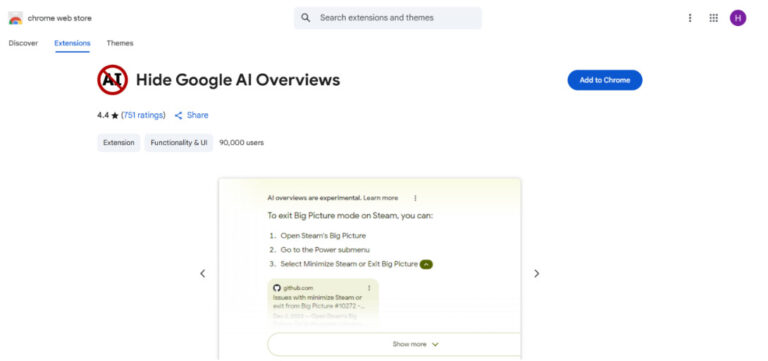 Hide Google AI Overviews extension 