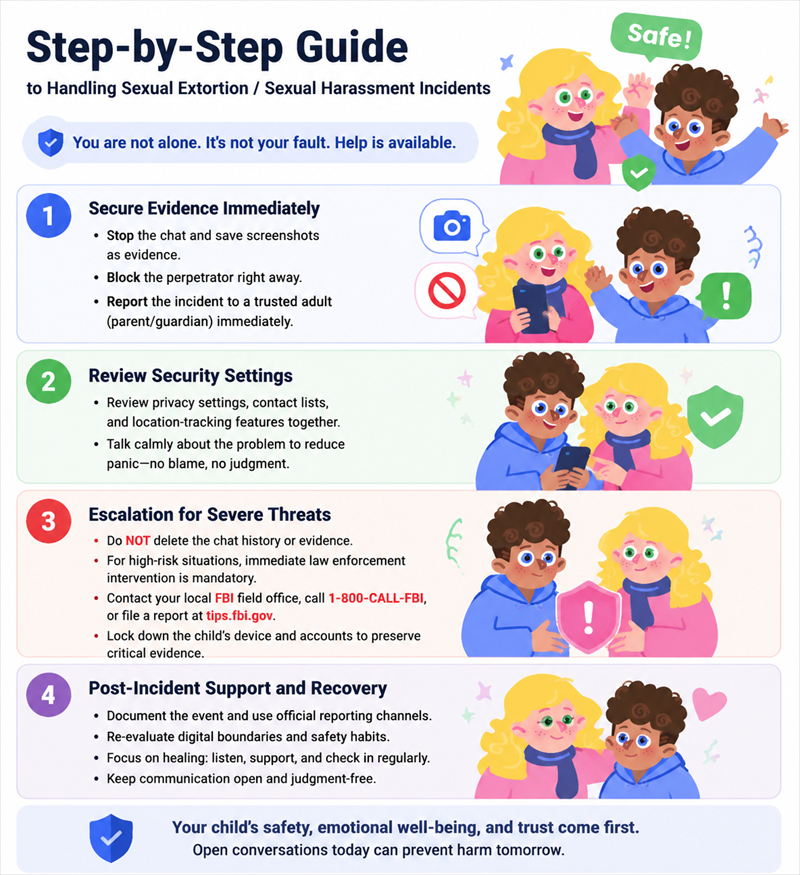Visual guide for handling online sextortion and sexual harassment incidents safely