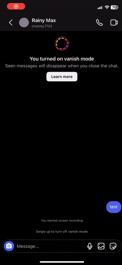 swipe up to turn off vanish mode on Instagram